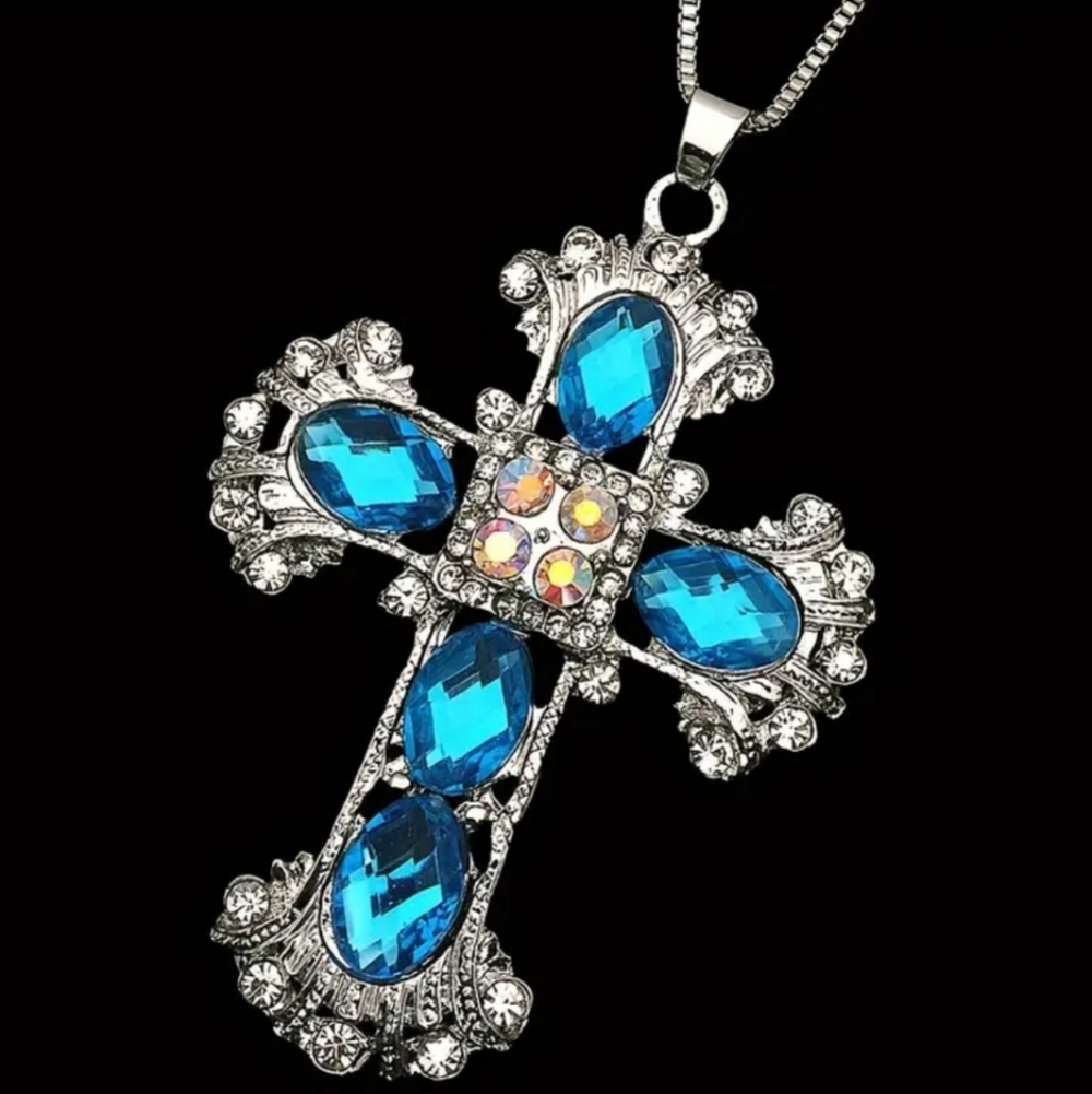 Silver and Blue Unises Cross Pendant Necklace